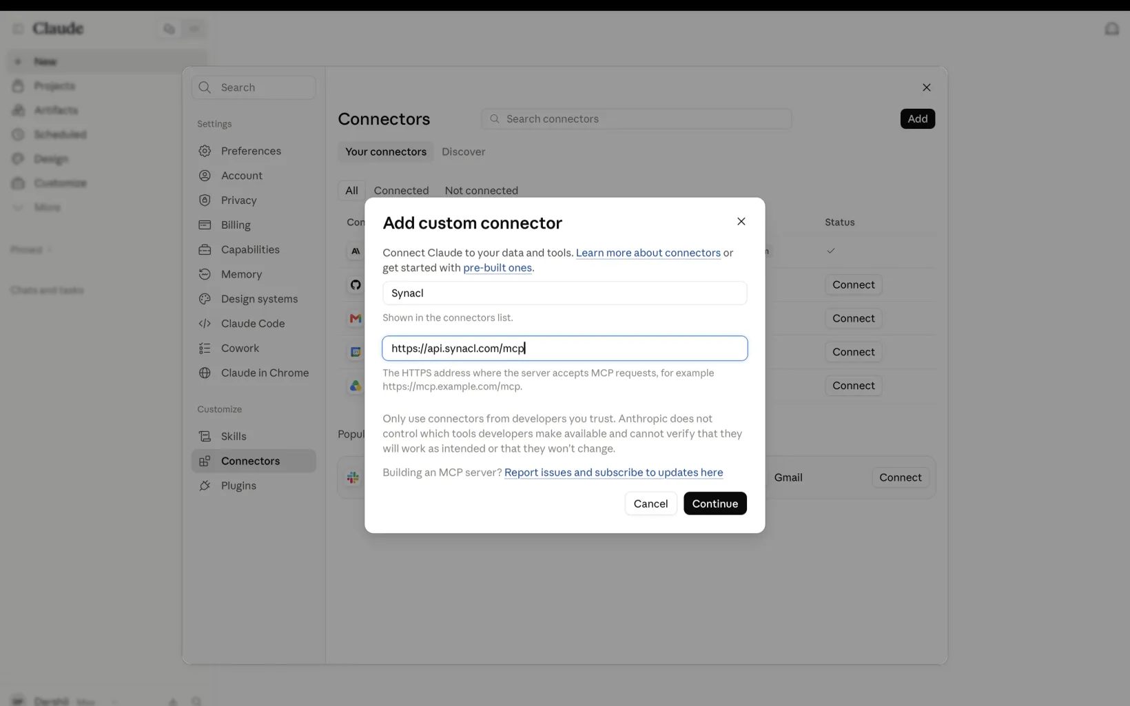 The claude.ai custom connector dialog with the Synacl MCP endpoint URL entered.