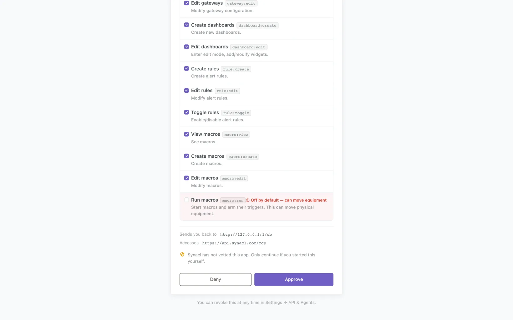 The Synacl authorization screen listing the permissions Claude asked for, with Run macros unticked and flagged as off by default.