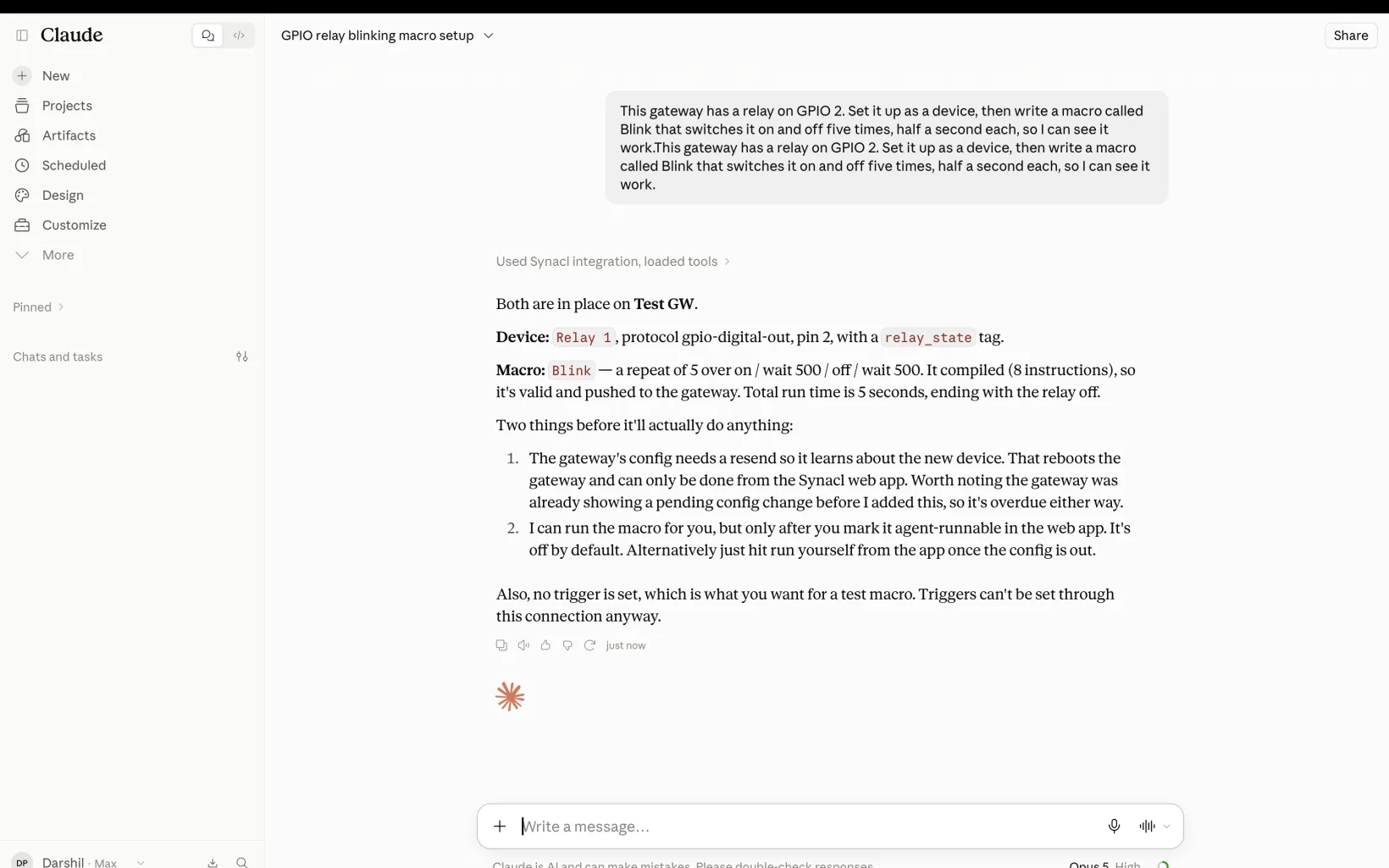 A claude.ai conversation: the one-sentence request, then Claude reporting the relay device and the Blink macro it created through Synacl, and that the gateway config still needs a resend.