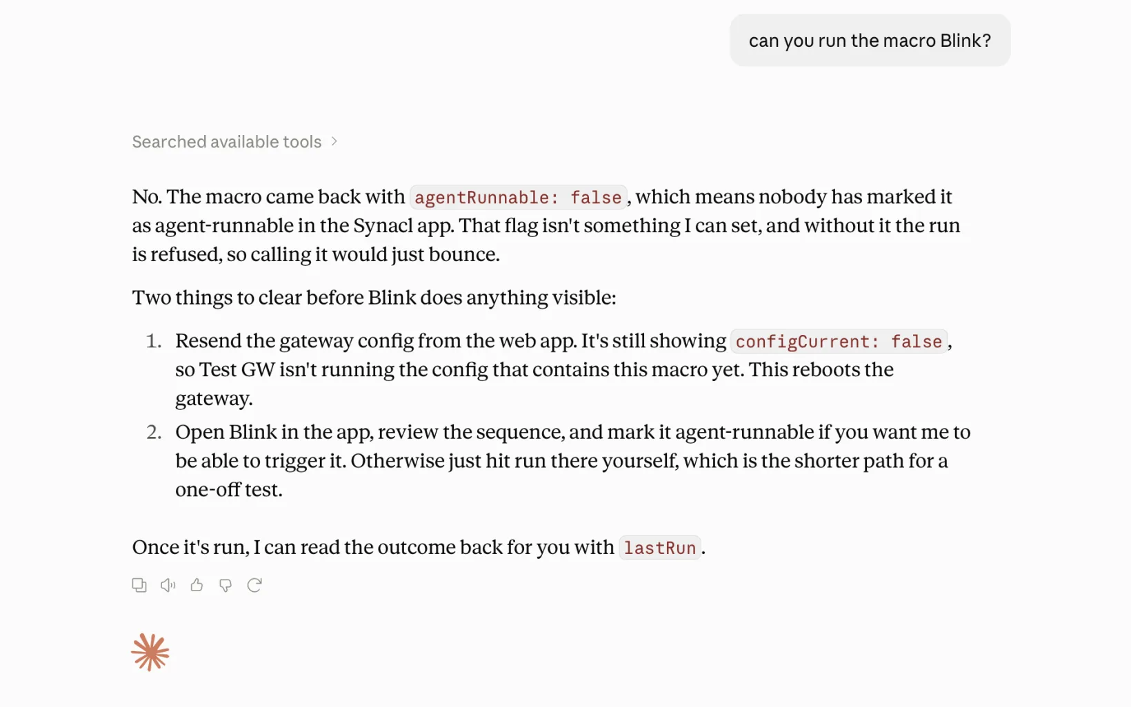 Claude declining to run the Blink macro because nobody has marked it agent-runnable in the Synacl app.