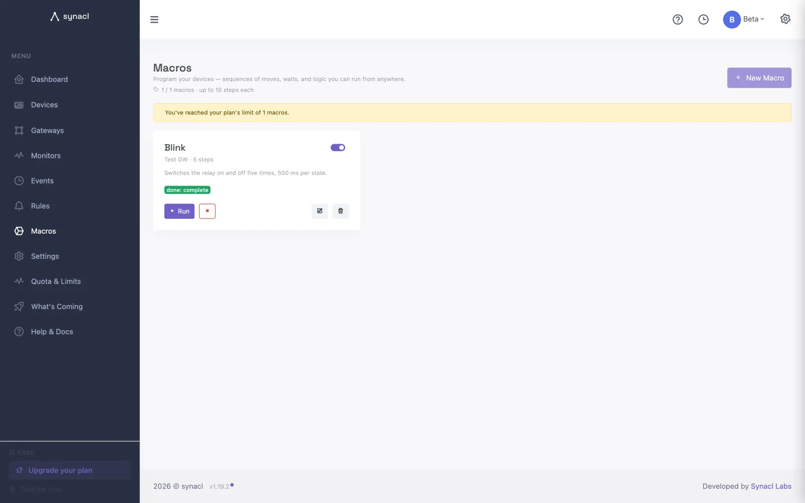 The Macros page with the Blink macro's status badge showing done after the gateway ran it.